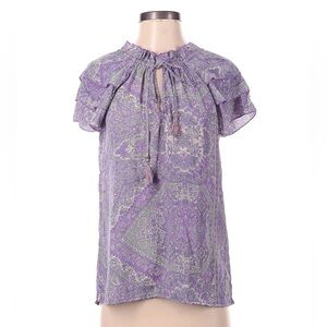 Perry Walker Collective Silk Purple Patterned Short Sleeve Blouse Top Medium